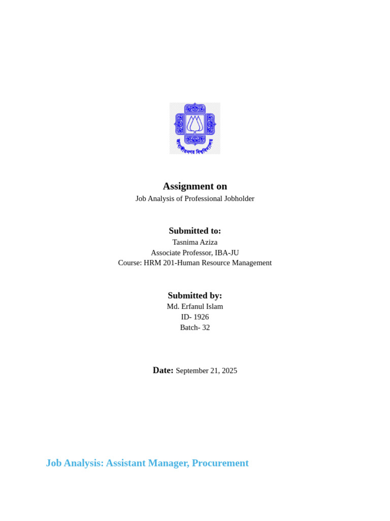 Assignment On Job Analysis - MD - Erfanul Islam | PDF | Procurement ...
