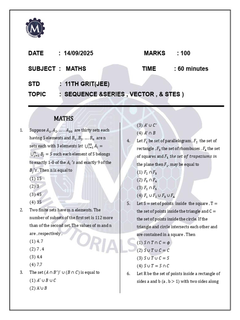 Qp&Ak 11th Grit Jee Math Sequence&Series, Vectors&Sets 14 Sep 25 | PDF ...