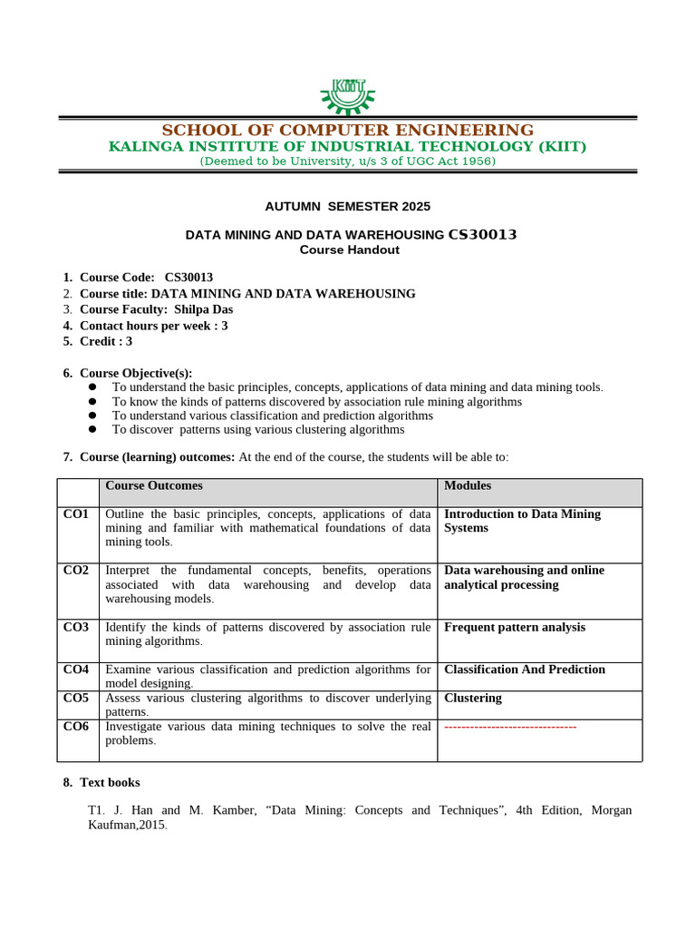 Data Mining and Warehousing Course Guide | PDF | Statistical ...