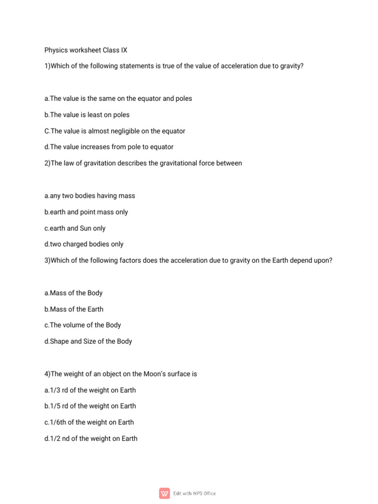 Class IX Physics Worksheet on Gravity | PDF