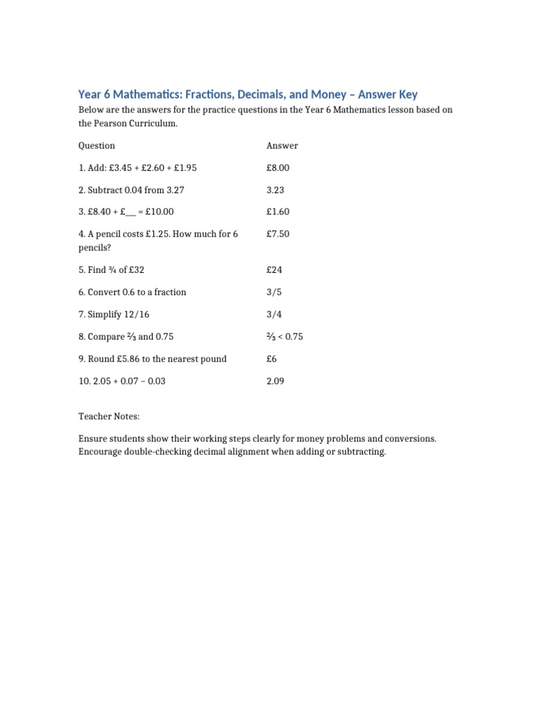 Year 6 Math Fractions Decimals Money Answers | PDF