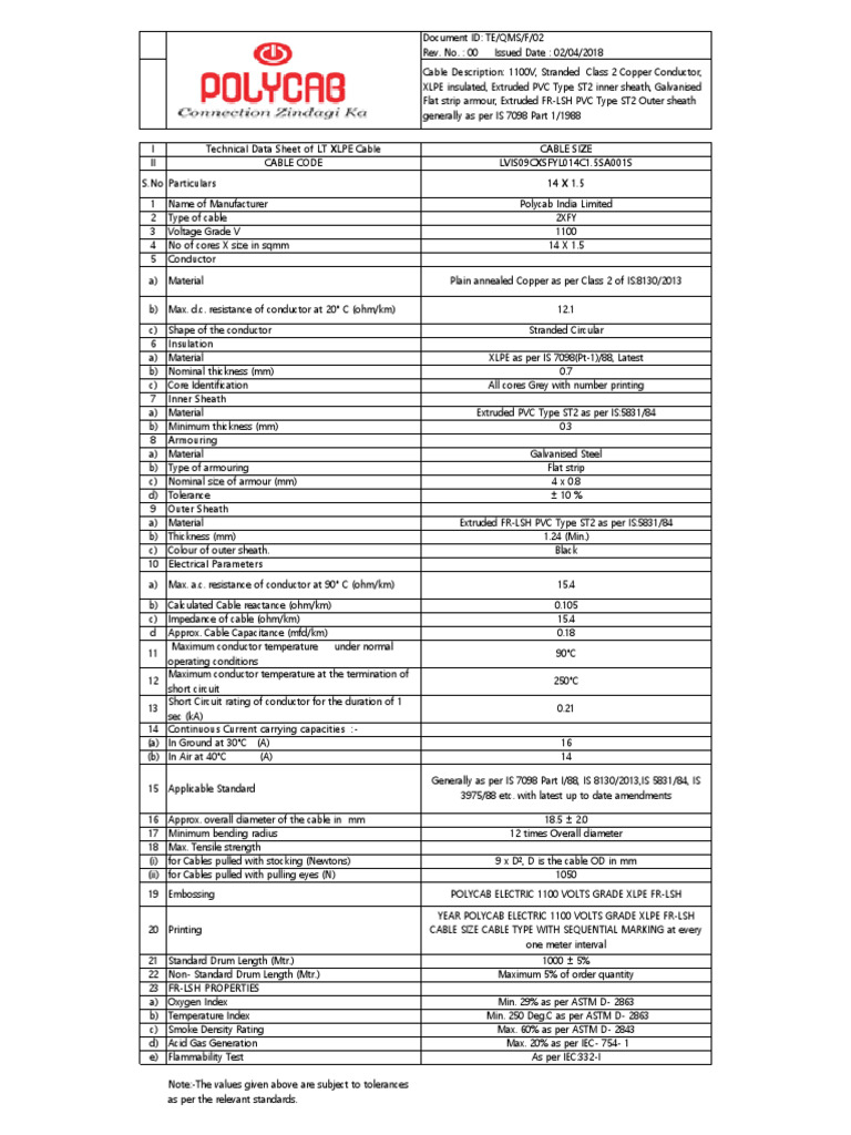 LT XLPE Cable Technical Data Sheet | PDF | Electrical Conductor ...