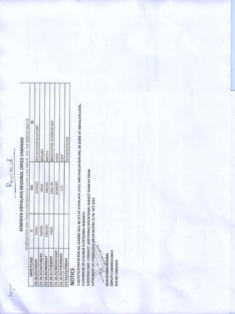 Revised Schedule of Half Yearly Examination Class V, VIII and XI For ...