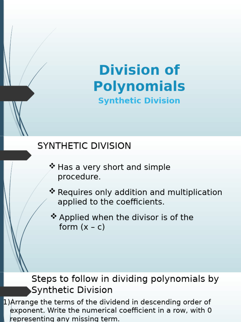 Synthetic Division of Polynomials Guide | PDF