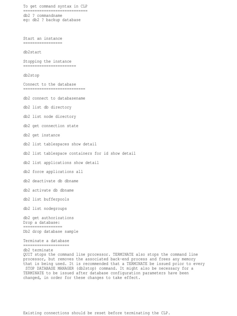 Essential DB2 Command Syntax Guide | PDF | Ibm Db2 | Databases