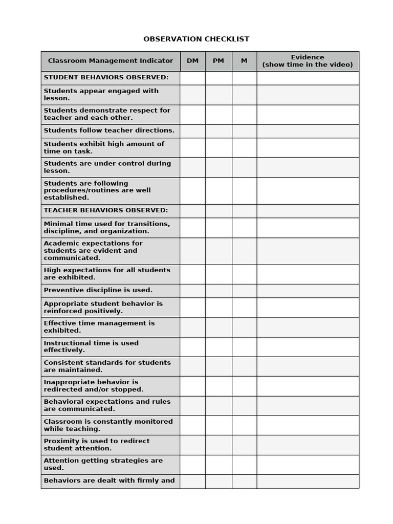 Classroom Management Observation Checklist | PDF