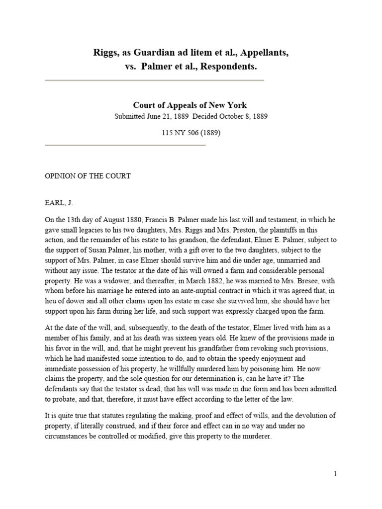 Riggs v. Palmer, 1889 | PDF | Will And Testament | Civil Law (Common Law)