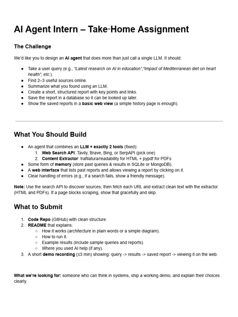 AI Agent Intern Project Overview | PDF