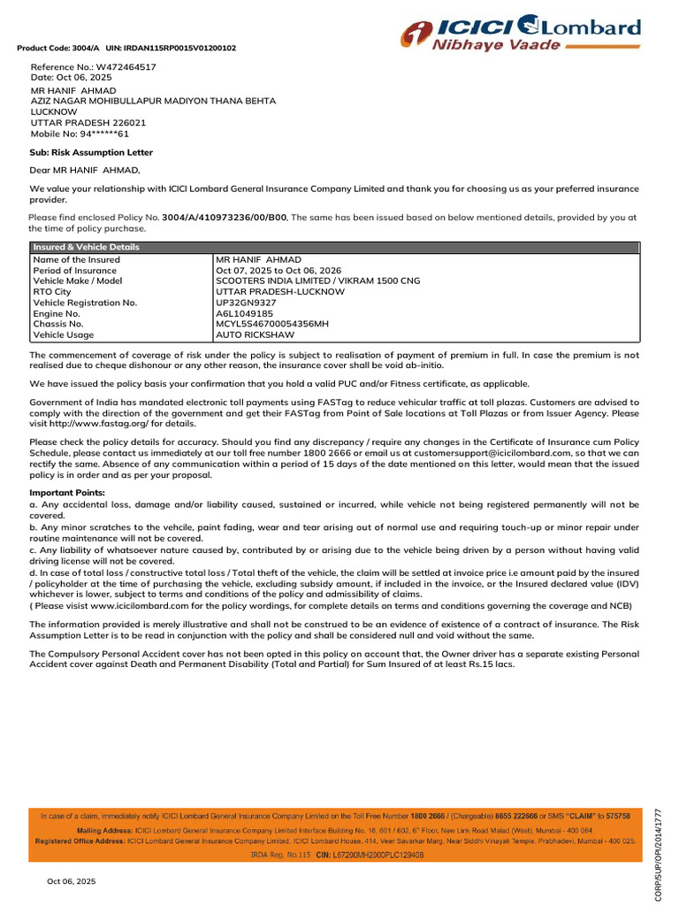 ICICI Lombard Risk Assumption Letter | PDF | Insurance | Pro Rata