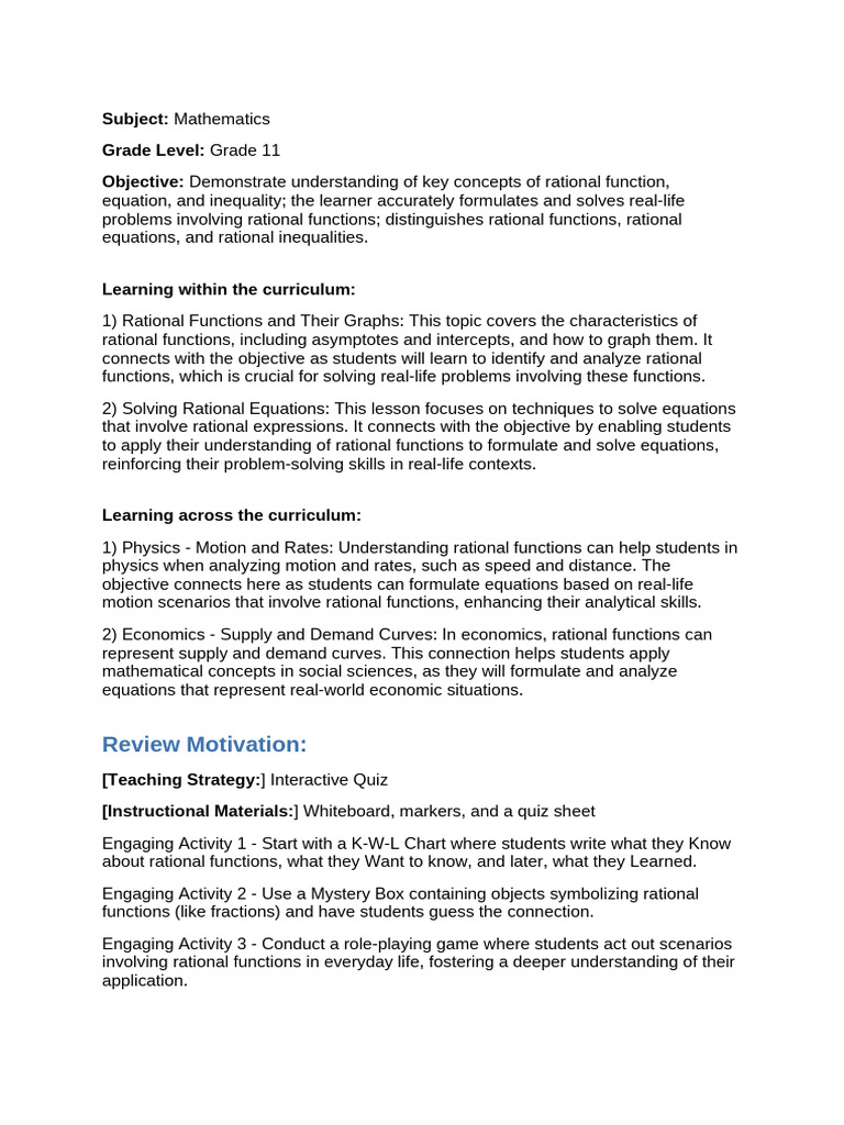 Understanding Rational Functions in 11th Grade | PDF | Learning | Equations