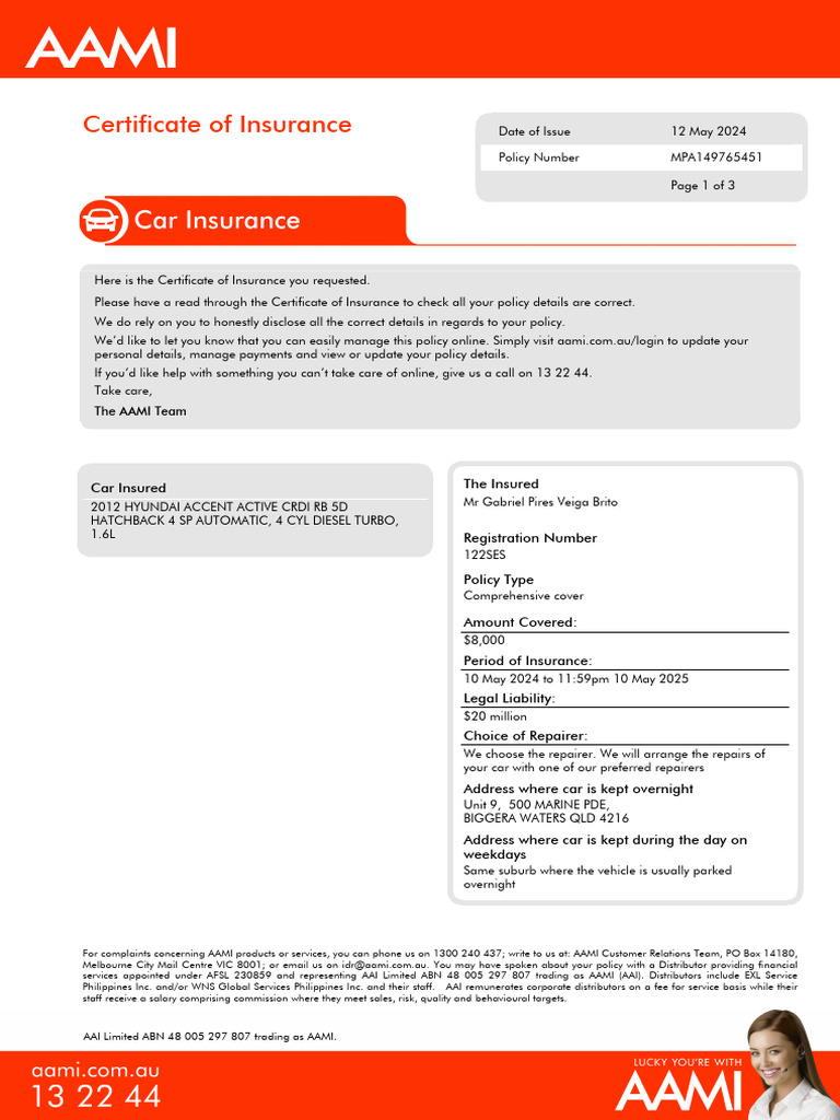 AAMI Comprehensive Insurance Certificate | PDF | Insurance