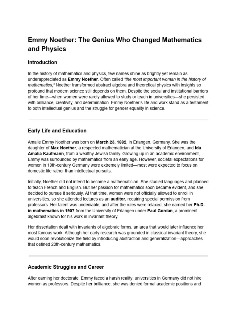 Emmy Noether: Pioneer of Abstract Algebra | PDF | Mathematics ...