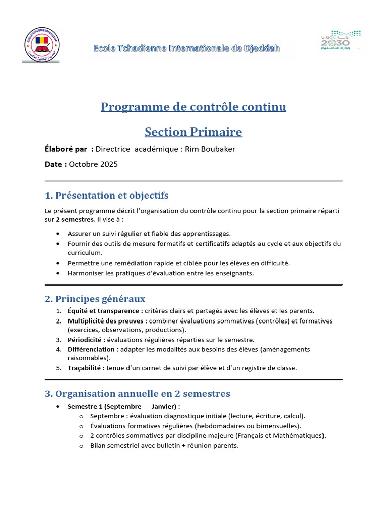 Programme de contrôle continu primaire | PDF | Mathématiques