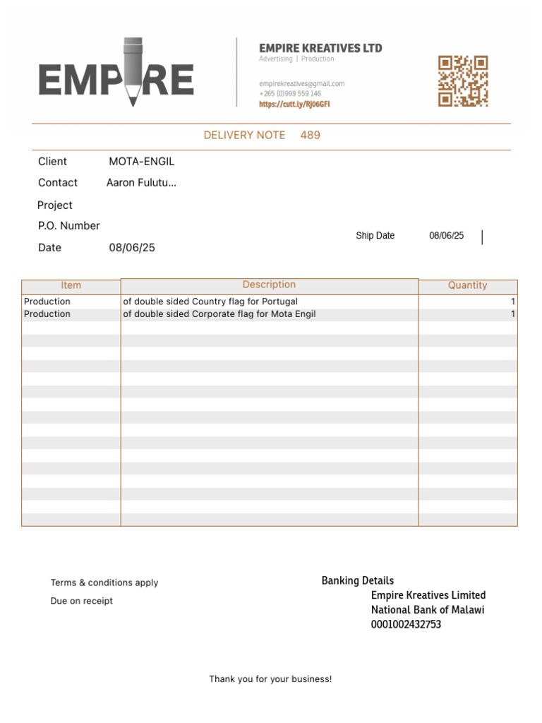 Empire Kreatives - Delivery Note For Invoice 489 | PDF