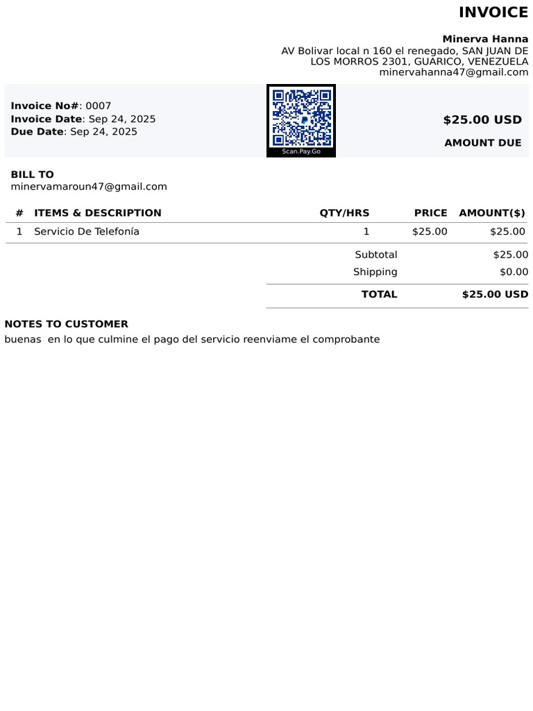 Invoice for Telefonía Service - $25 | PDF