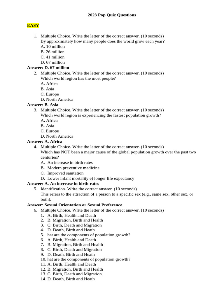 2023 Population Quiz Questions | PDF | Population | Human Migration