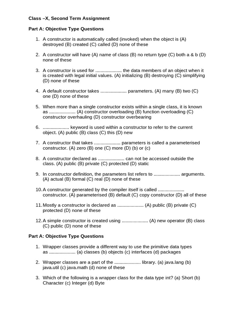 Class X Second Term Assignment Questions | PDF | Constructor (Object ...