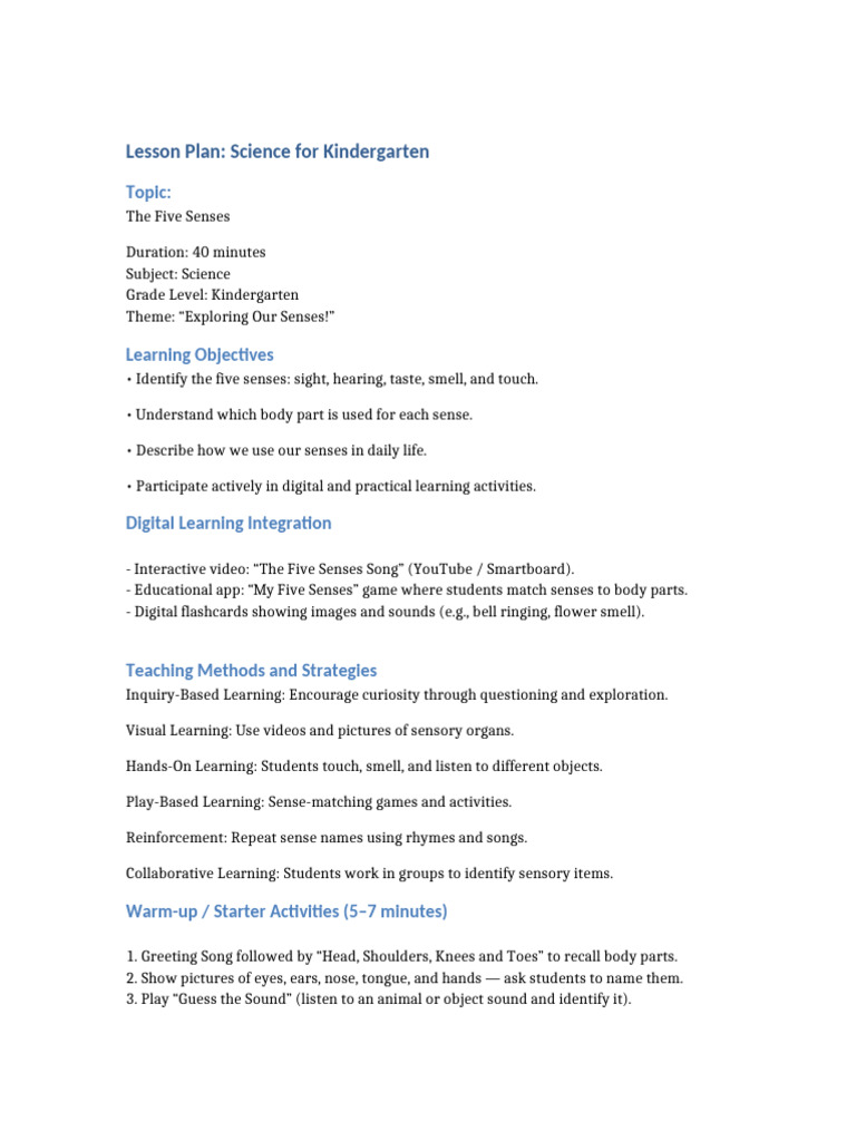 Kindergarten Science: Five Senses Lesson | PDF | Senses | Taste
