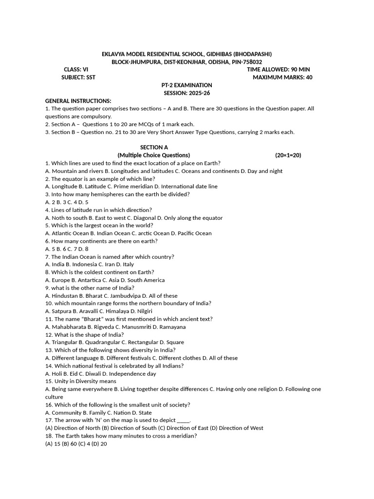 Class 6 SST PT-2 Question Paper 2025 | PDF | Latitude | Earth