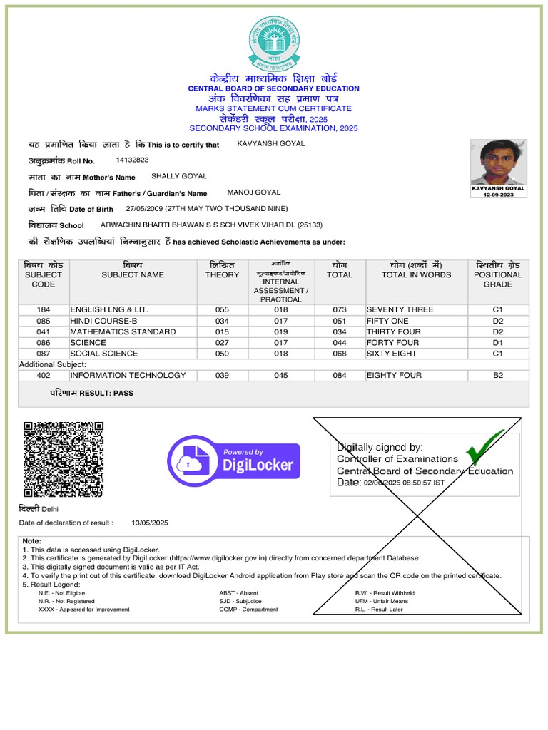 CBSE 2025 Marks Statement Certificate | PDF