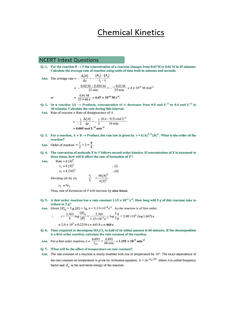 Chemical Kinetics Ncert Solved Questions Pdf