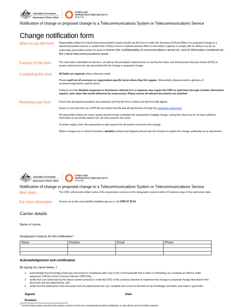 Telecom Change Notification Form Guide | PDF | Risk | Risk Assessment