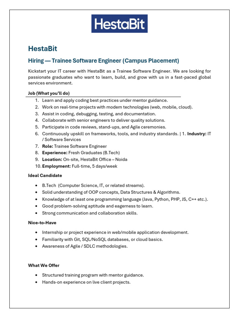 HestaBit Trainee Software Engineer Role | PDF