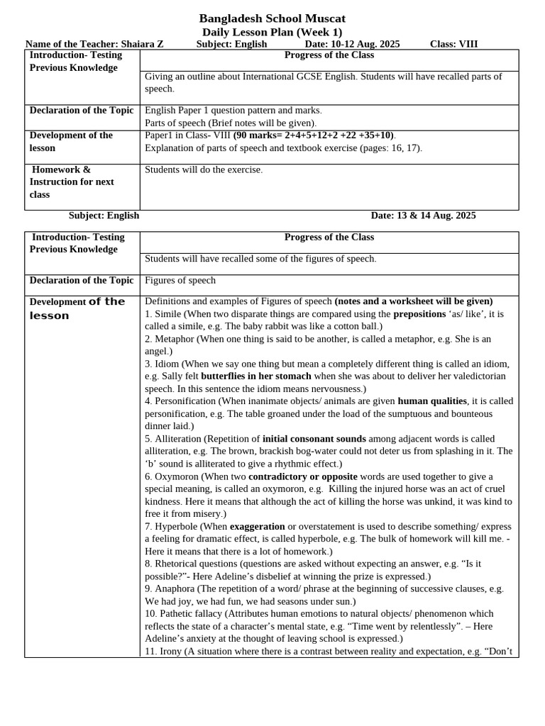 English Lesson Plans for Class VIII | PDF | English Language | Linguistics
