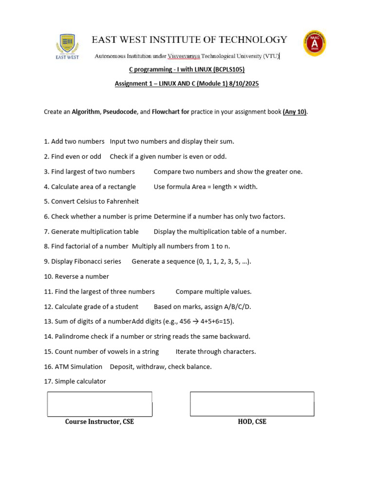 Assignment 1 - C Programming - I With LINUX | PDF