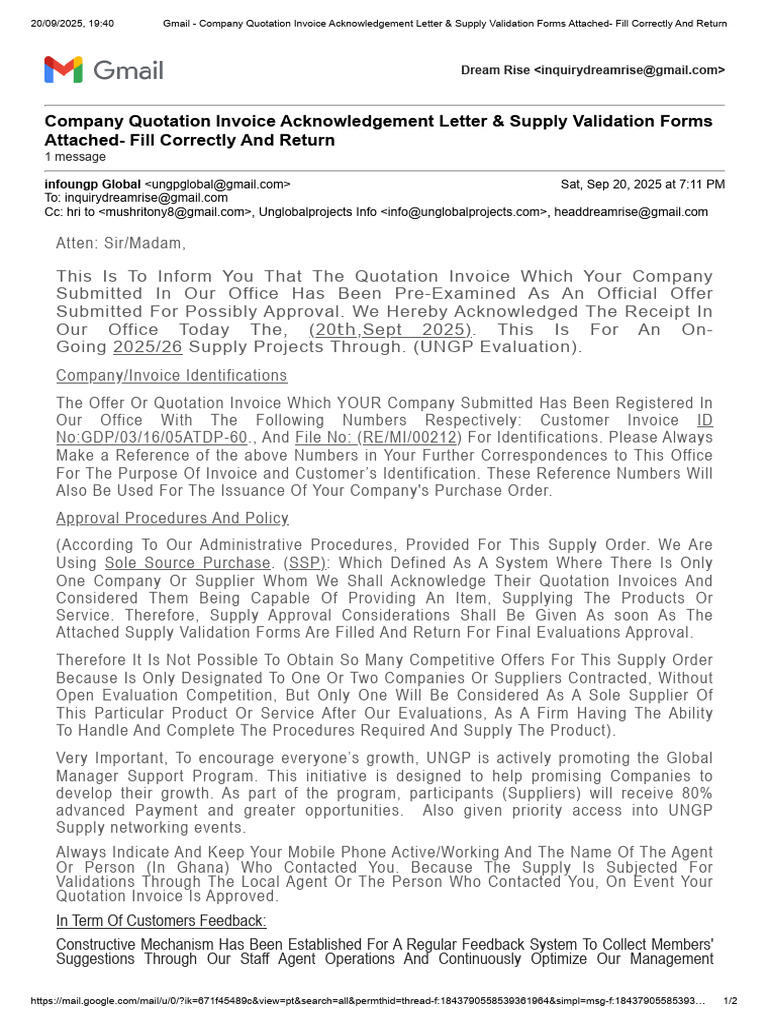Gmail - Company Quotation Invoice Acknowledgement Letter & Supply ...
