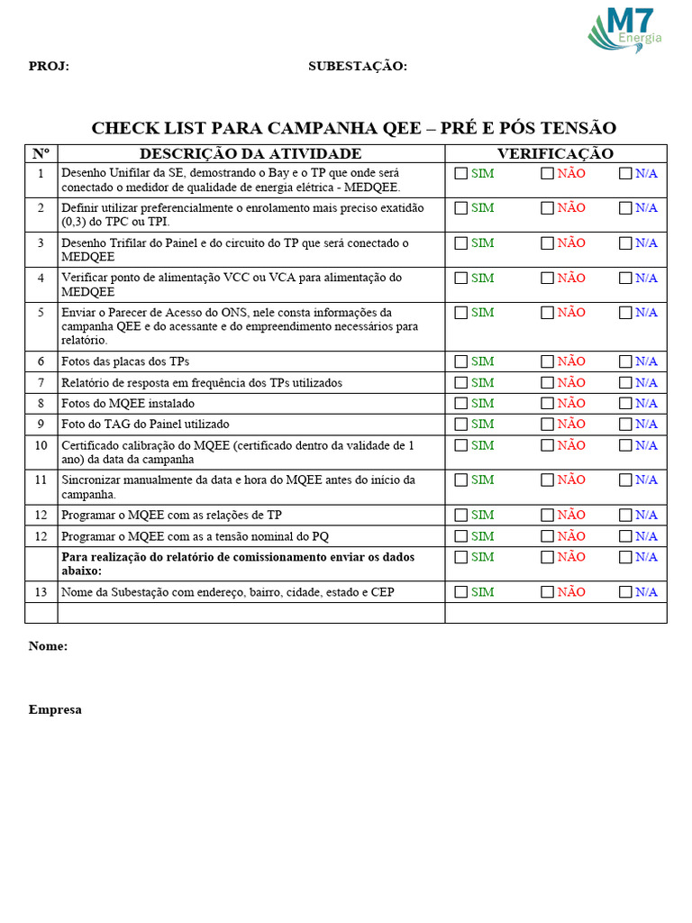 Checklist Campanha QEE: Pré e Pós Tensão | PDF