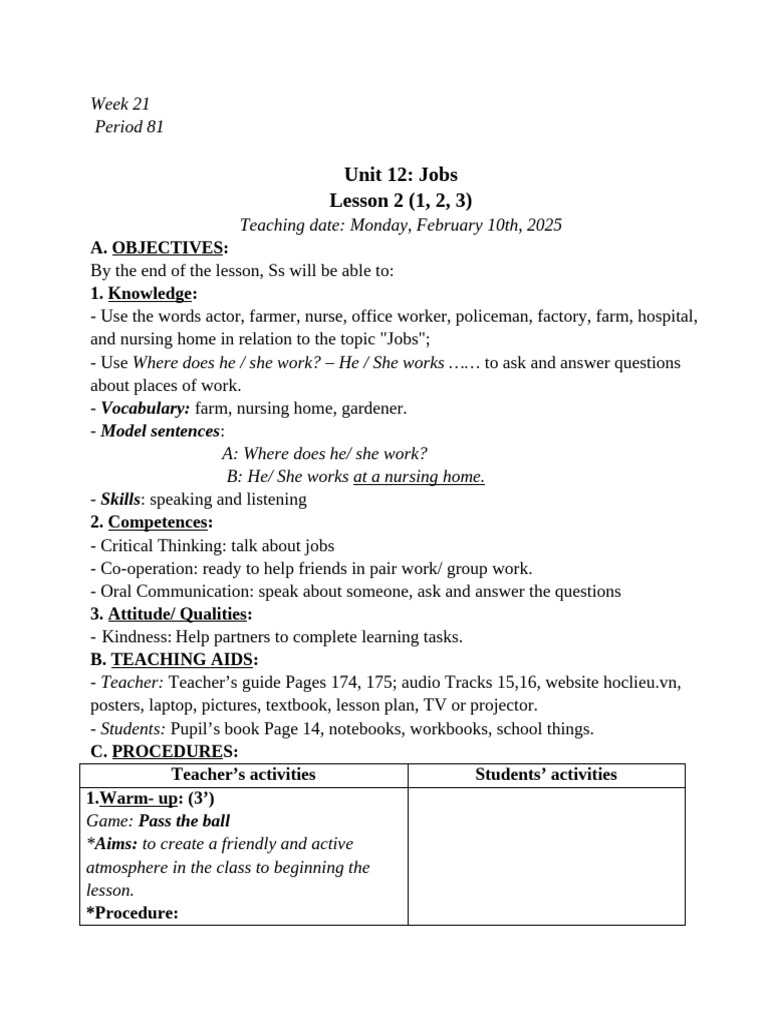 Lesson Plan: Jobs and Workplaces | PDF | Teachers | Lesson Plan