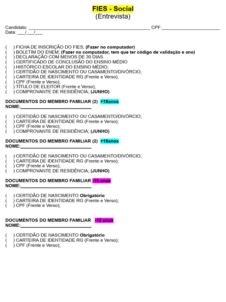 Documentos Necessários para FIES Social | PDF