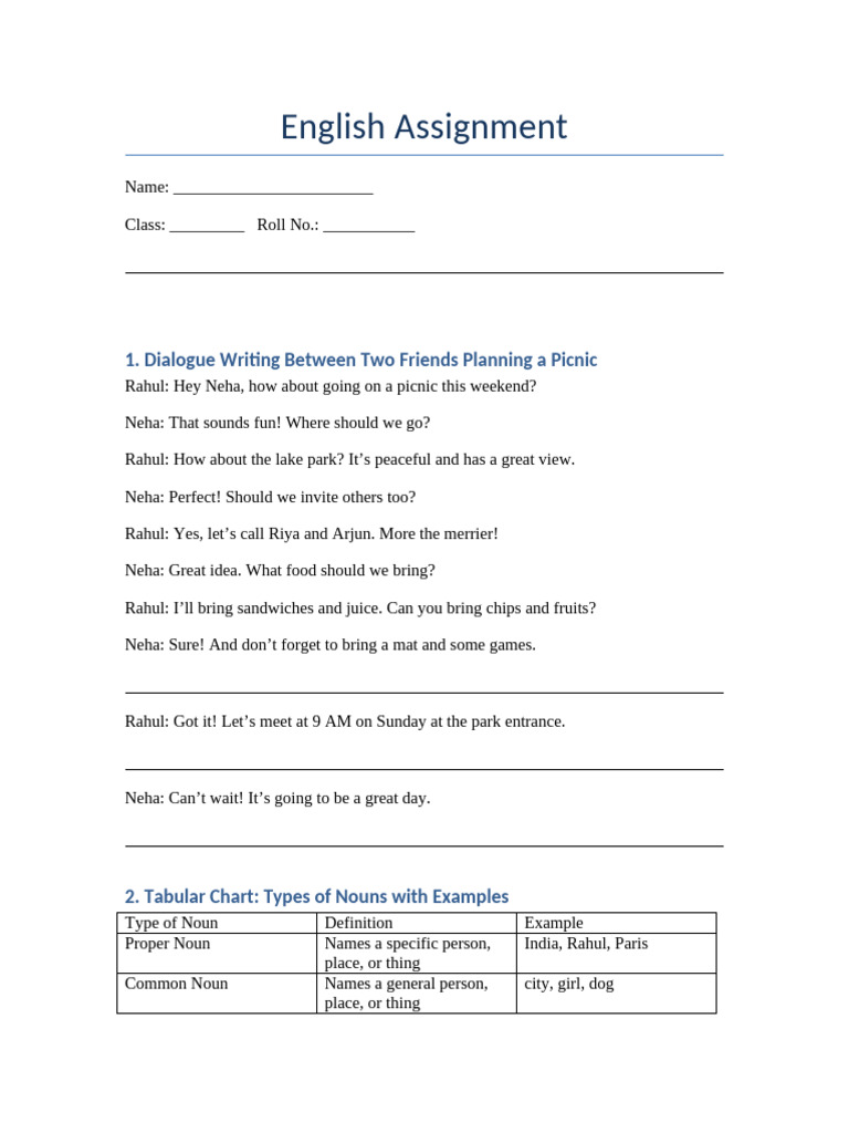 English Assignment: Dialogue, Nouns, Verbs | PDF | Noun | Linguistic ...