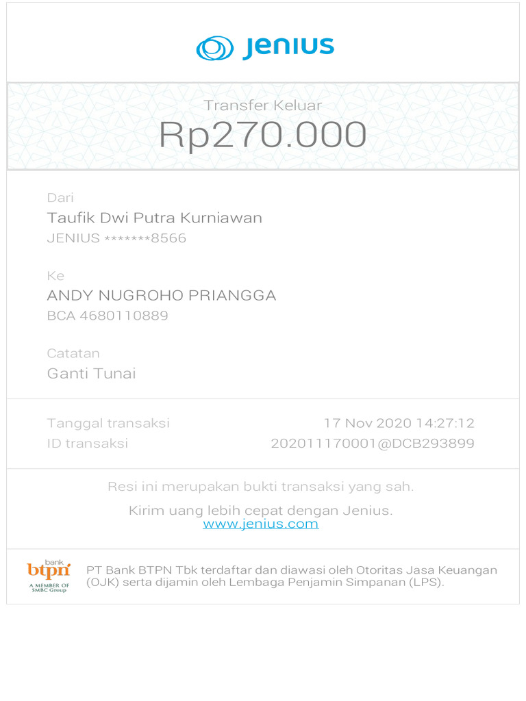 Transaksi Jenius Rp270.000 ke BCA | PDF