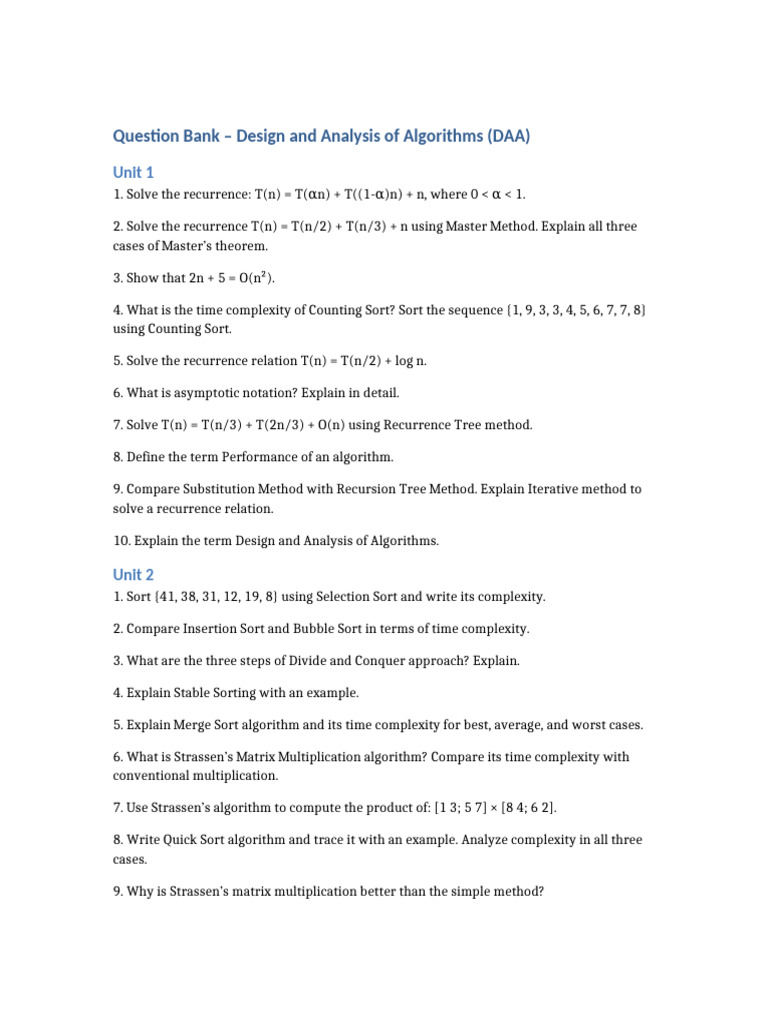 DAA Question Bank: Algorithms & Complexity | PDF