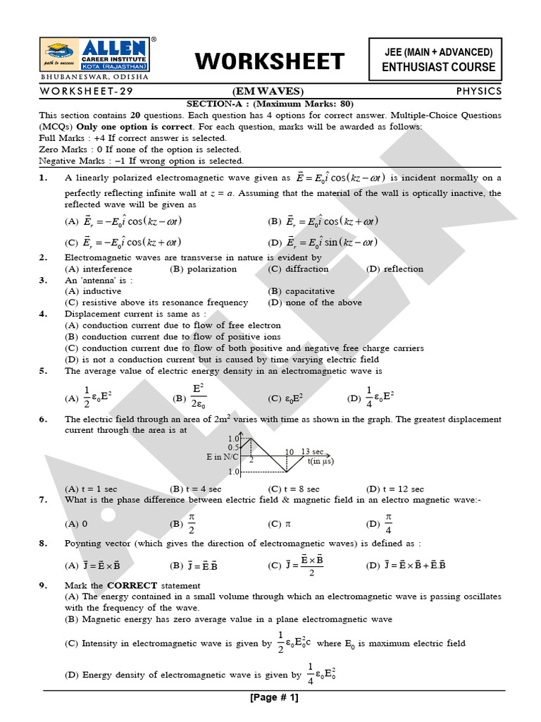 JEE EM Waves MCQ Practice Test | PDF | Waves | Electromagnetic Radiation