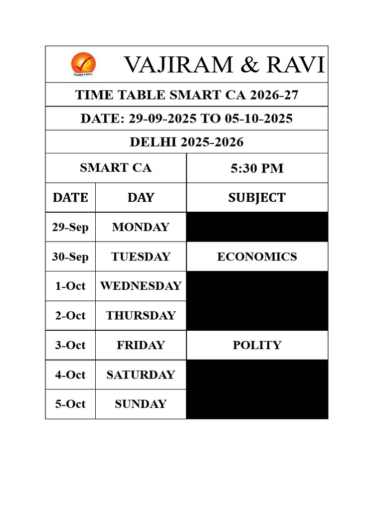 Smart CA 2026-27 Timetable Delhi | PDF