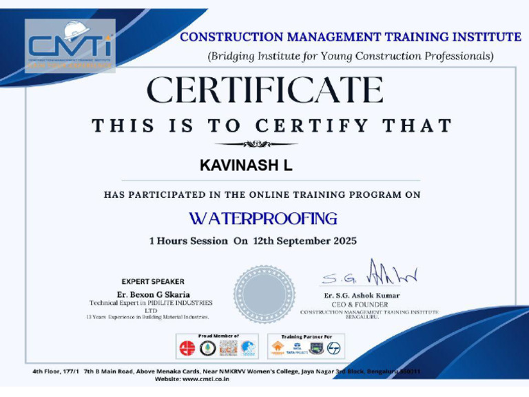Certificate For KAVINASH L For | PDF