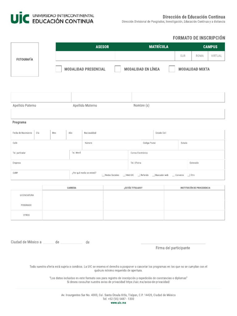 Formato de Inscripcion UIC | PDF