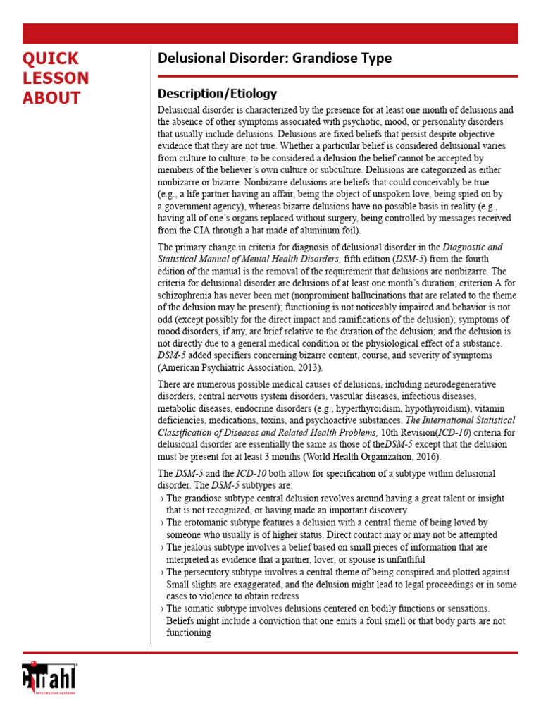 Grandiose Type Delusional Disorder Overview | PDF | Delusion | Mental ...