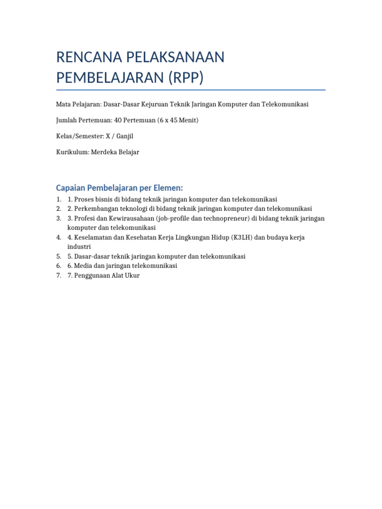 RPP Teknik Jaringan Komputer Kelas X | PDF