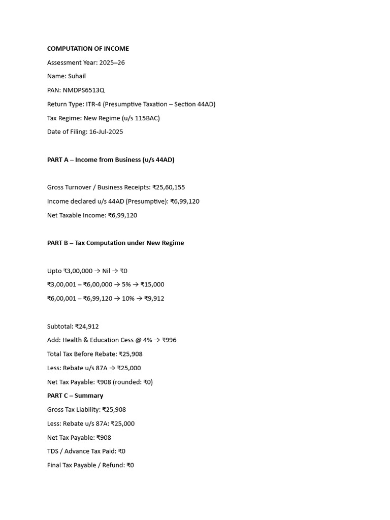 Income Tax Computation ITR-4 AY 2025-26 | PDF