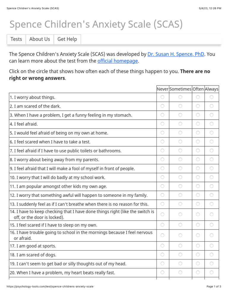 Spence Children's Anxiety Scale (SCAS) | PDF