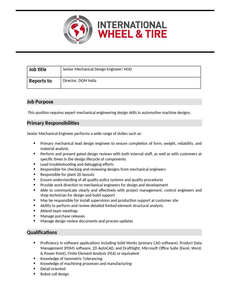 ITE_Sr. Mechanical Engineer | PDF | Engineering | Mechanical Engineering