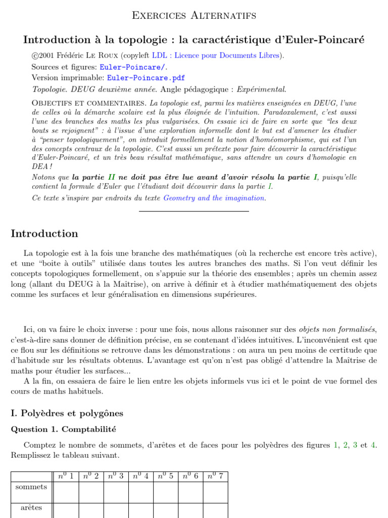 Introduction à la topologie et Euler | PDF | Topologie | Variété ...