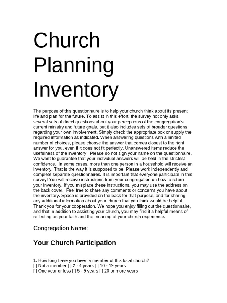 Church Planning Inventory Questionnaire | PDF | Bible | God