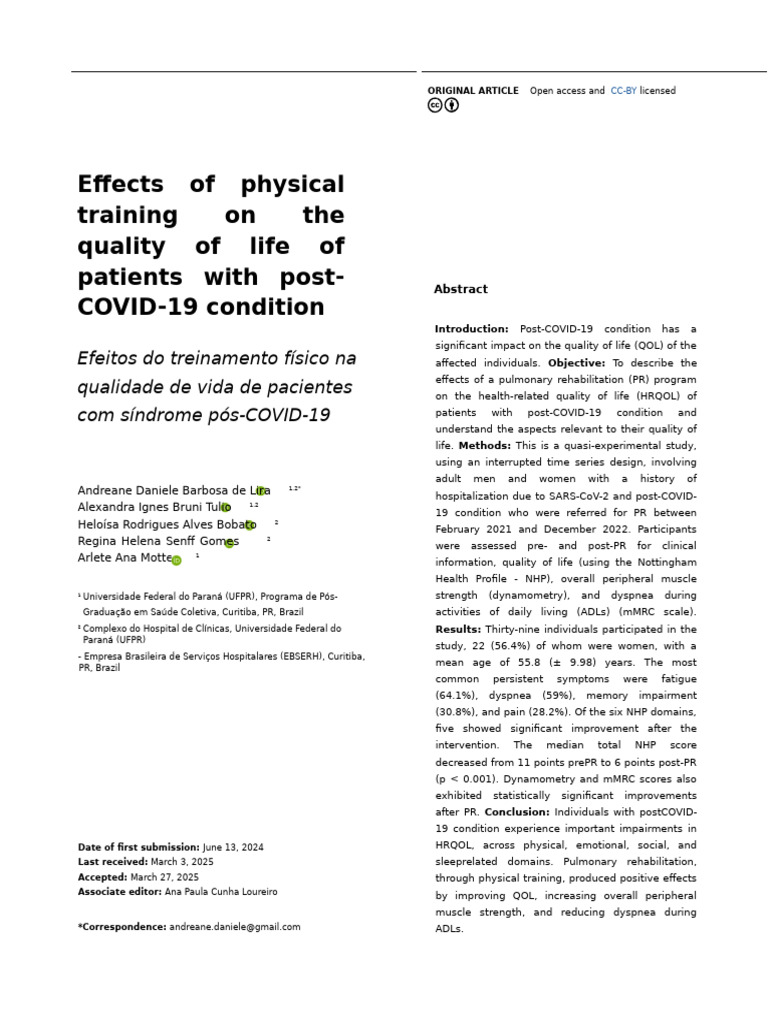 Impact of Physical Training on Post-COVID QOL | PDF | Diseases And ...