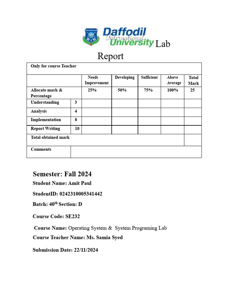 Operating System Lab Report 2024 | PDF | Computer Programming | C++