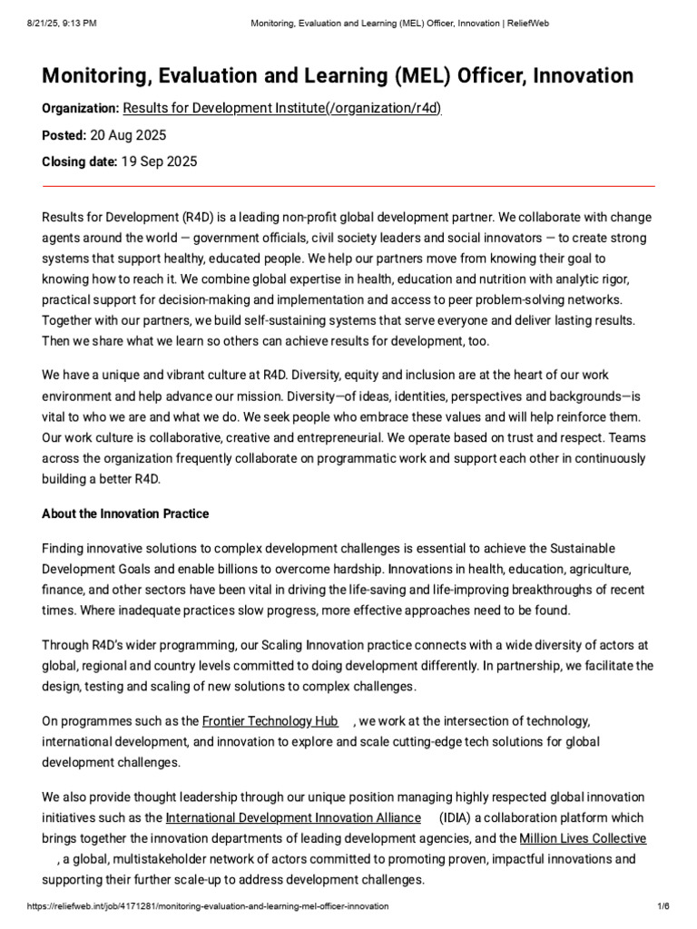 Monitoring, Evaluation and Learning (MEL) Officer, Innovation ...